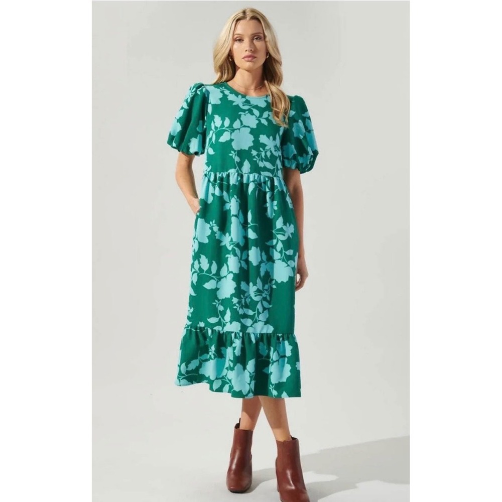 Sugar Lips Aruba Emerald Floral Print Midi Dress Puff Sleeves Tiered  Size M